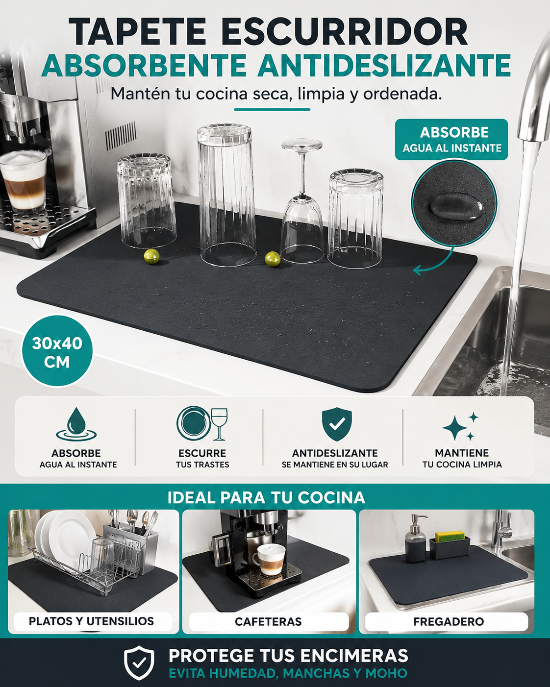EscurreMax™ Tapete Absorbente │ Seca platos y vasos al instante.
