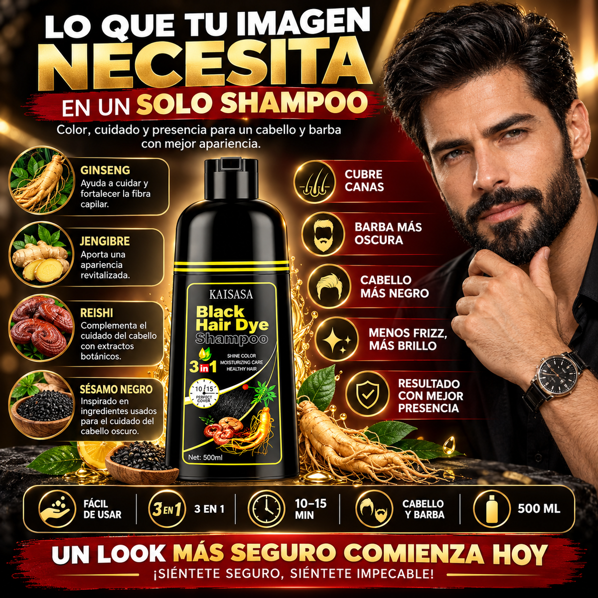 Shampoo Tinte Negro 3 en 1 | Cubre Canas y Recupera tu Color 500 ml