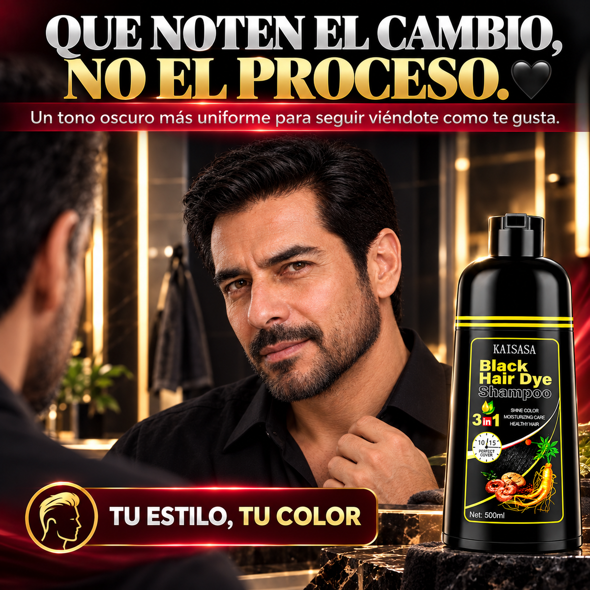 Shampoo Tinte Negro 3 en 1 | Cubre Canas y Recupera tu Color 500 ml